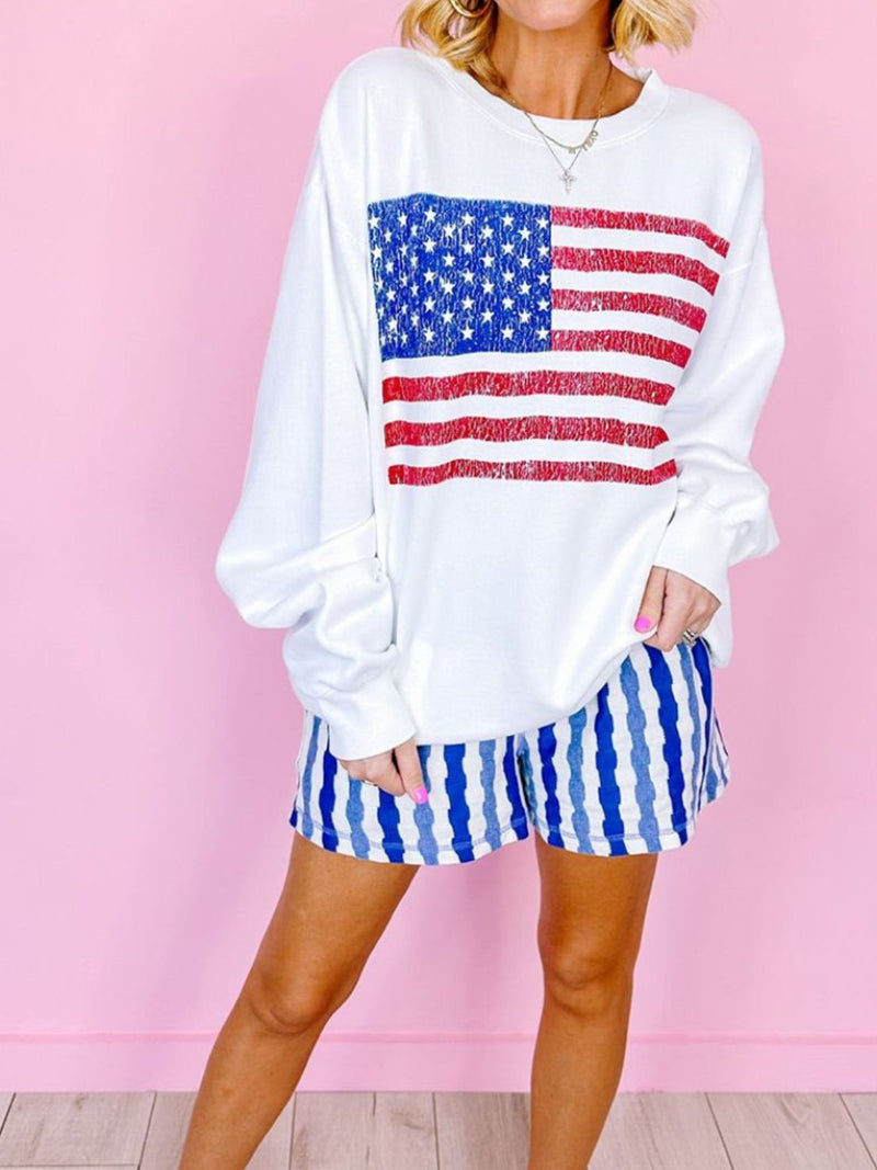 Hazel Blues® |  US Flag Round Neck Long Sleeve Sweatshirt