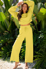Hazel Blues® |  Yellow Cream Drop Shoulder Puff Sleeve Crop Pullover Drawstring Wide Leg Pants Set