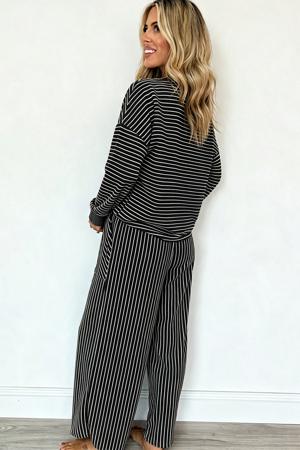 Black Stripe Twist-Front Top and Pants Set
