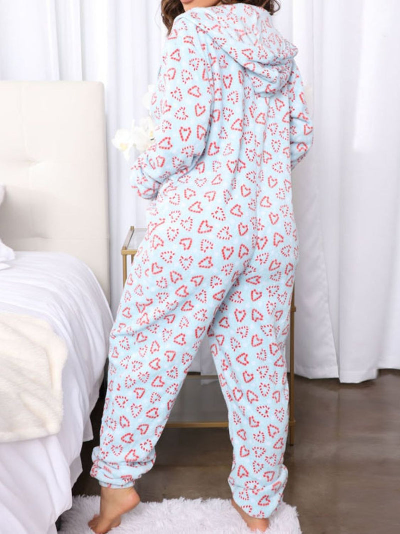 Hazel Blues® |  Printed Zip Up Long Sleeve Hooded Lounge Jumpsuit