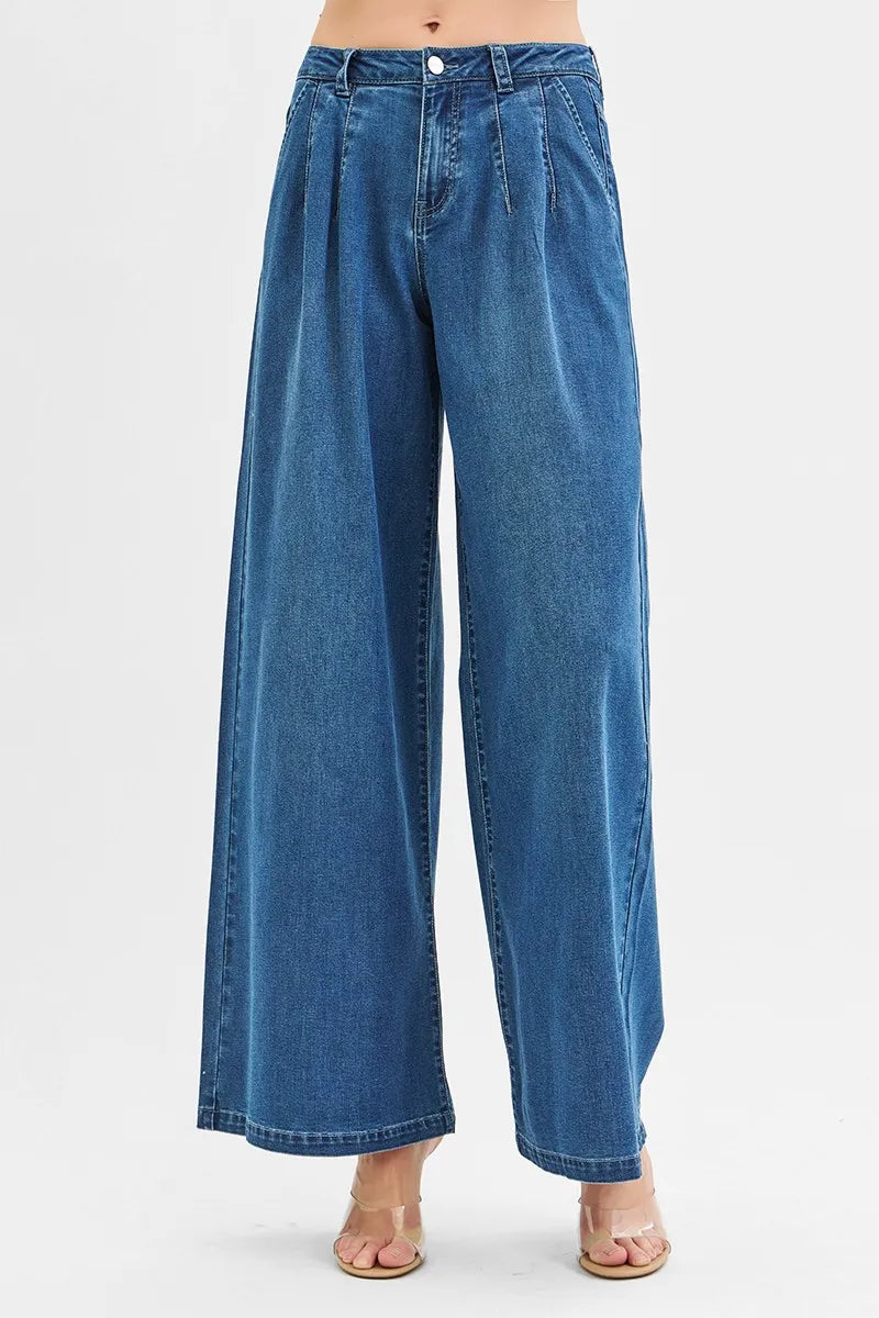 Hazel Blues® RISEN Mid Rise Fit Wide Leg Knit Denim Look Jeans