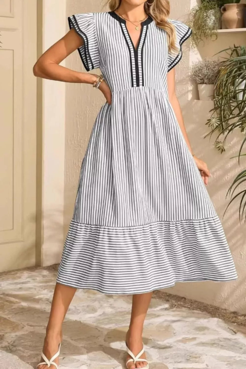 ruffle a-line midi dress in stripe poplin BLUE & White CABANA STRIPED MIDI DRESS main image 1