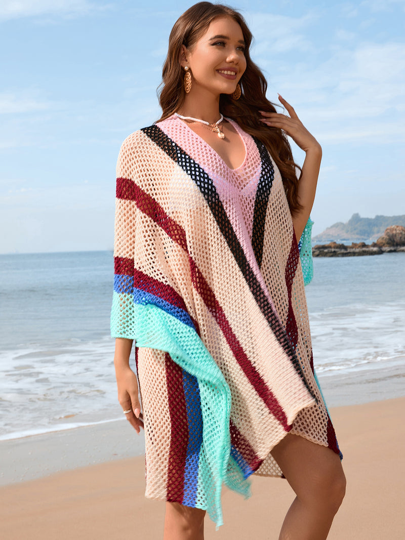 Hazel Blues® |  Openwork Color Block Plunge Cover-Up