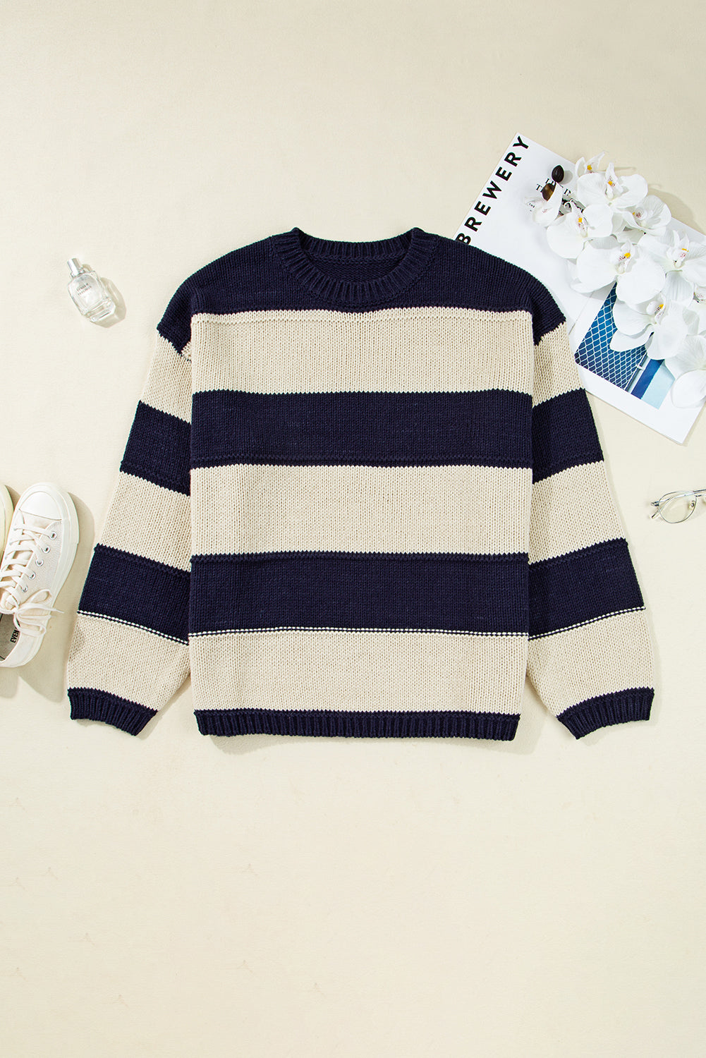 Hazel Blues® |  Blue Stripe Color Block PLus Size Drop Shoulder Sweater