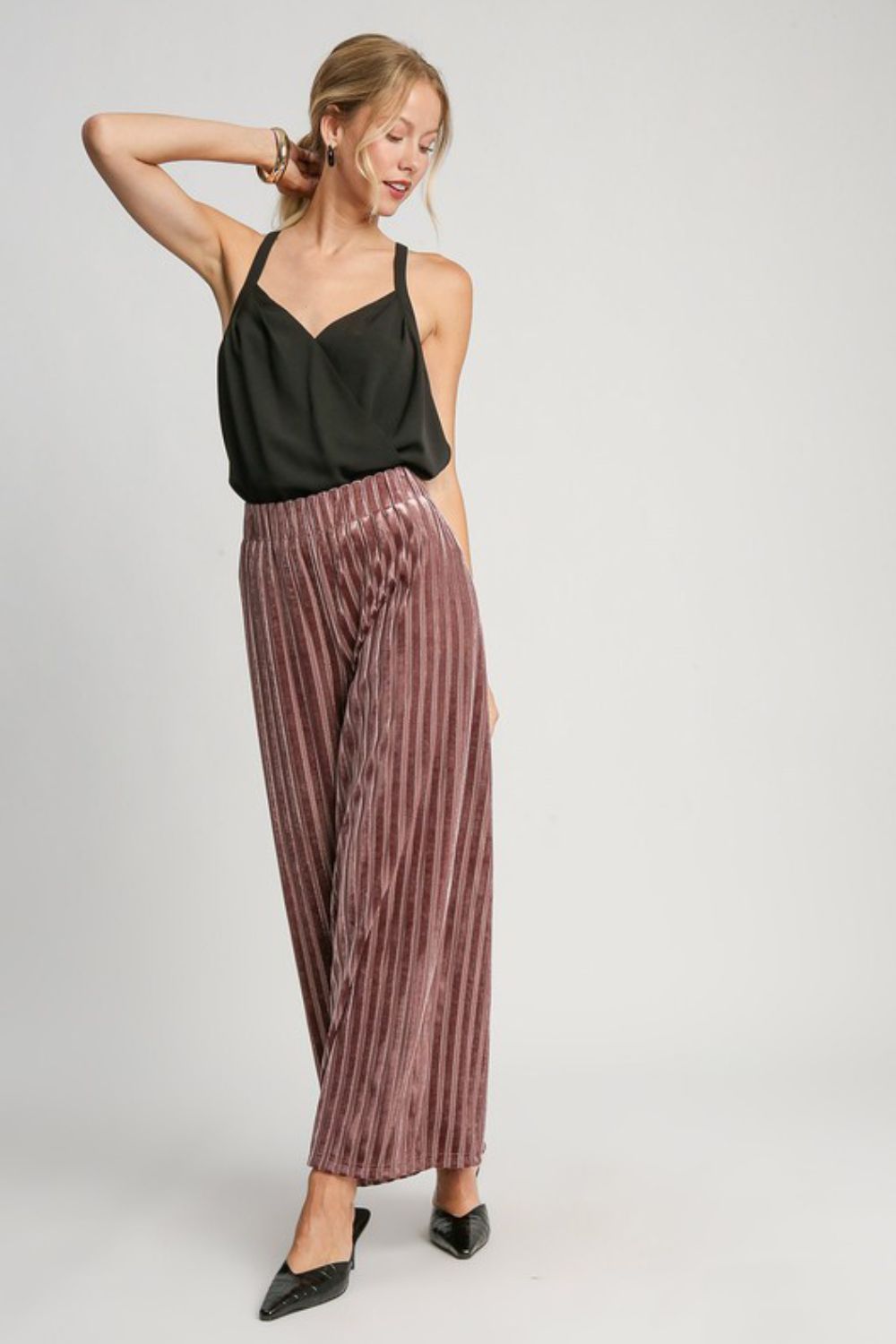 Hazel Blues® |  Umgee Elastic Waist Striped Wide Leg Velvet Pants