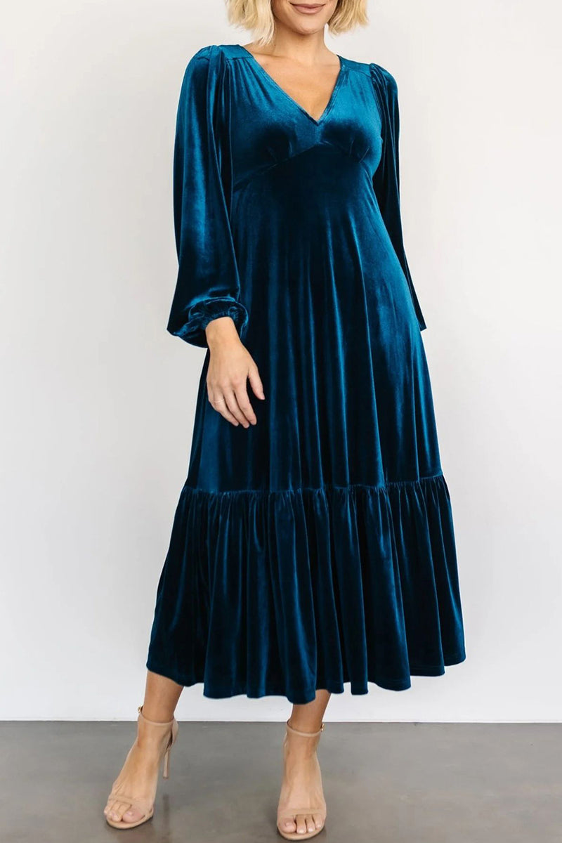 V-Neck Long-Sleeve Midi Velvet Dress