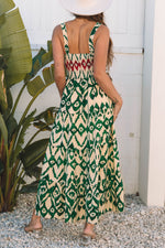 Hazel Blues® |  Green Western Aztec Shirred A-line Sleeveless Maxi Dress