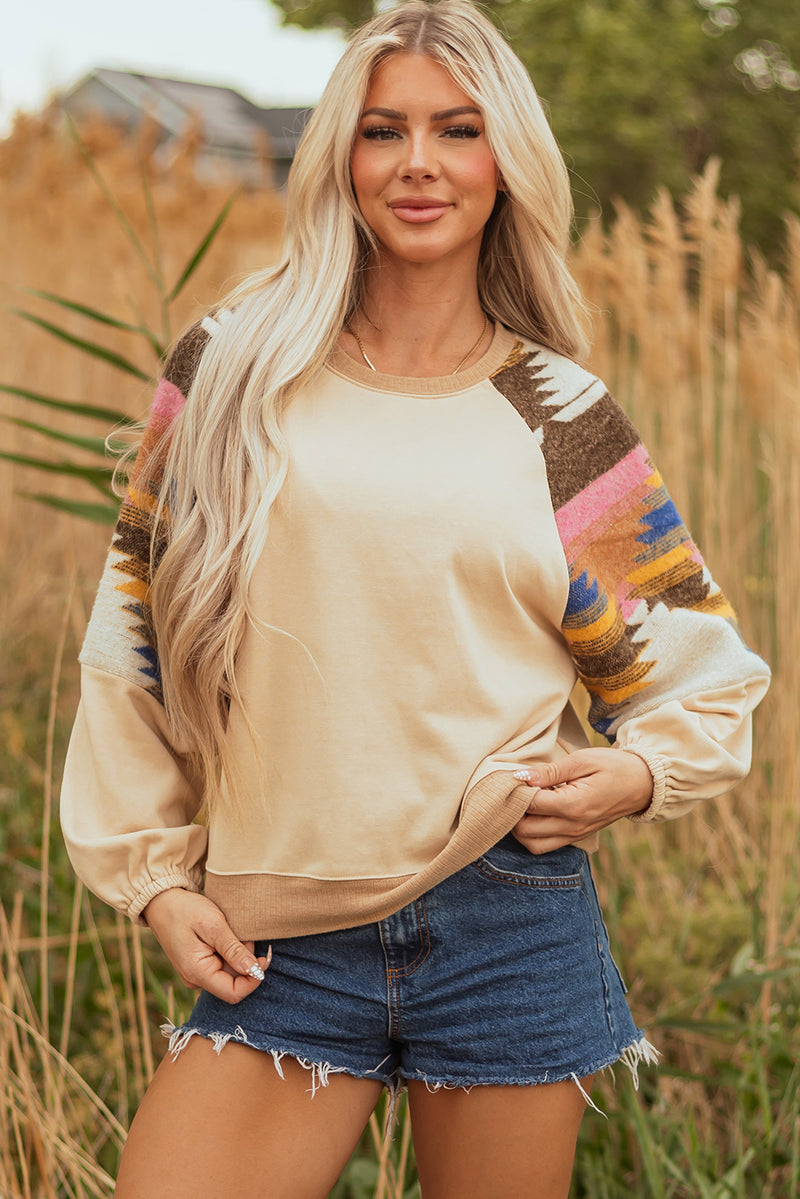 Hazel Blues® |  Light French Beige Aztec Patchwork Raglan Pullover Sweatshirt
