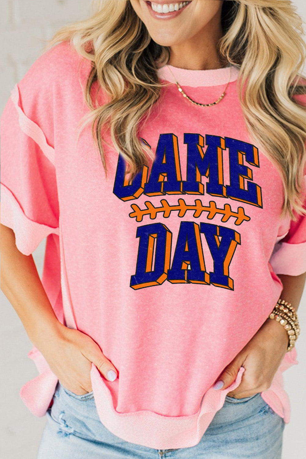 Hazel Blues® |  Peach Blossom Raw Seam Patchwork GAME DAY Letter Graphic Loose Tee