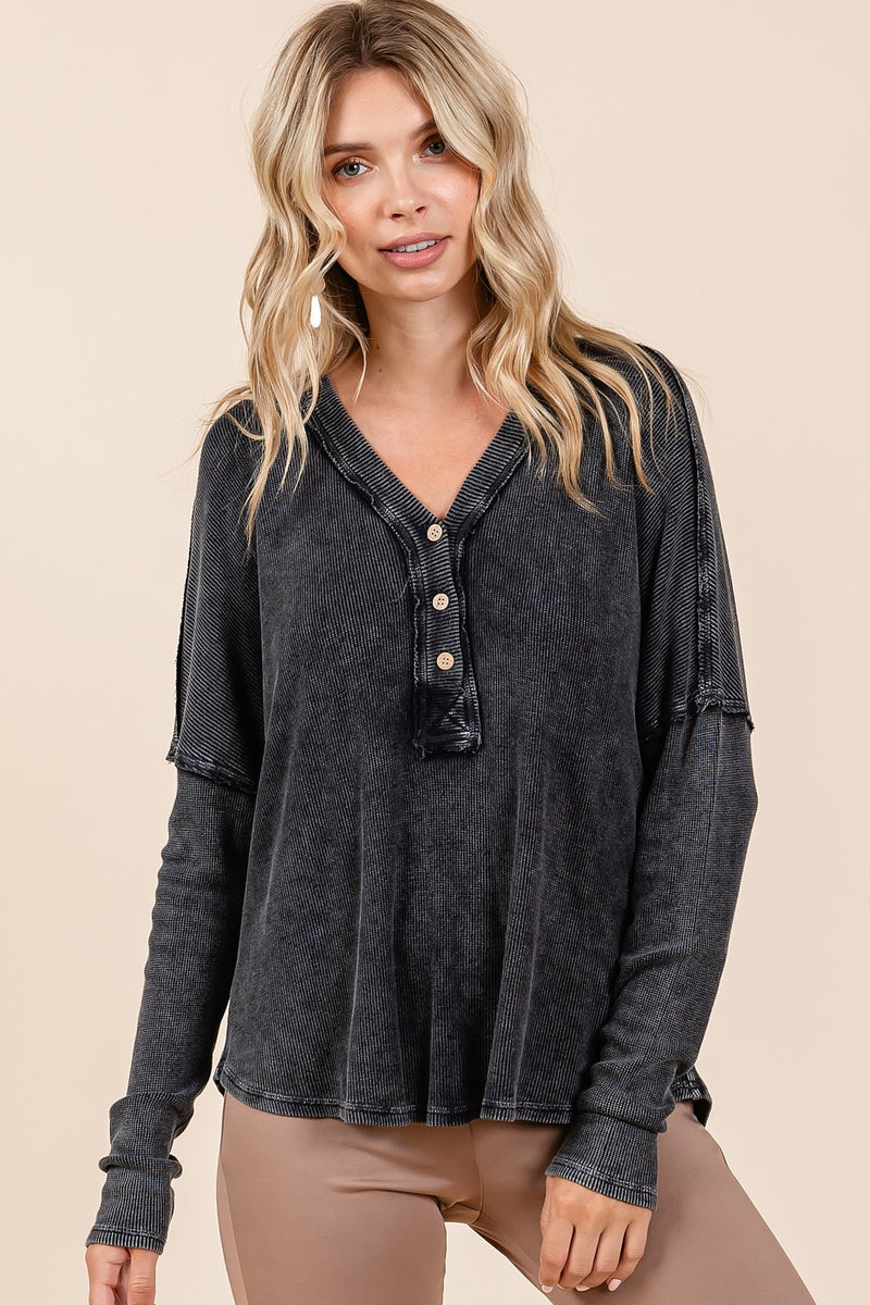 Hazel Blues® |  Mittoshop Washed V-Neck Long Sleeve Blouse