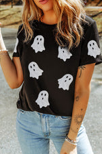 Hazel Blues® |  Black Glitter Ghost Pattern Crew Neck Halloween T Shirt
