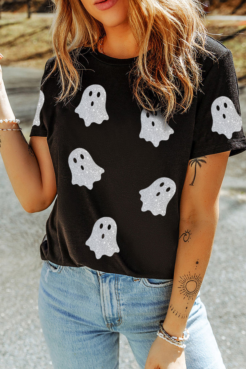Hazel Blues® |  Black Glitter Ghost Pattern Crew Neck Halloween T Shirt