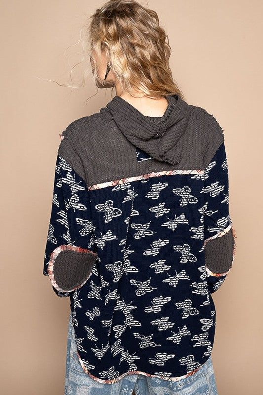 Hazel Blues® |  POL Butterfly Waffle-Knit Half Button Hooded Knit Top