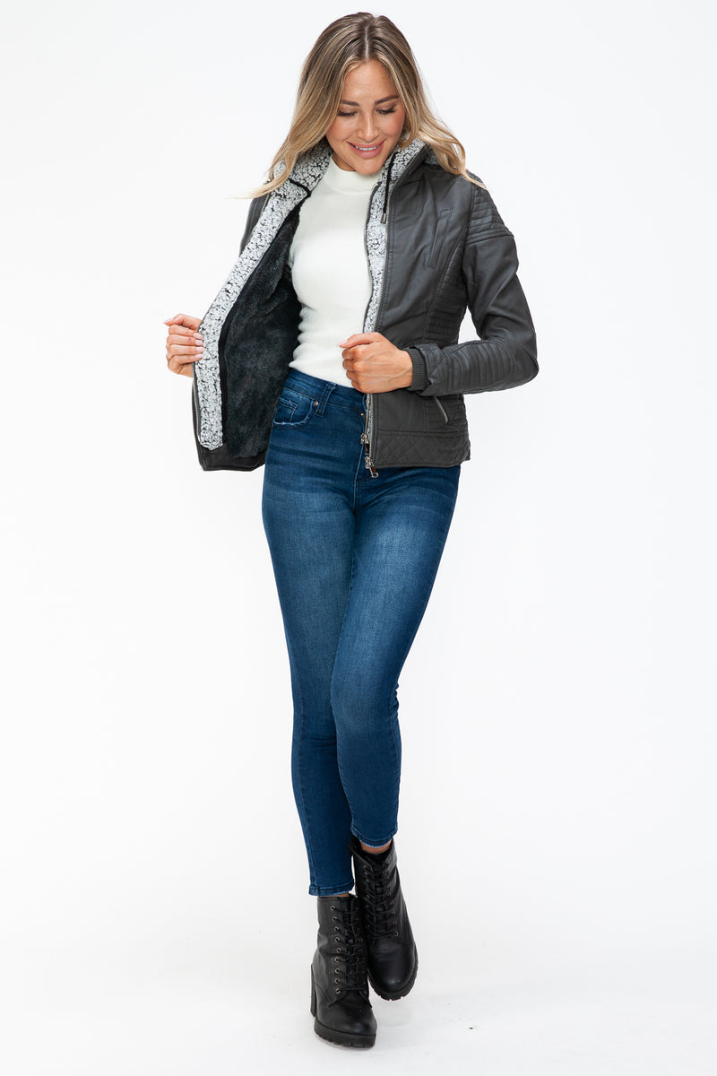 Hazel Blues® |  YMI Faux Layered Double-Zipper Jacket with Fuzzy Hood