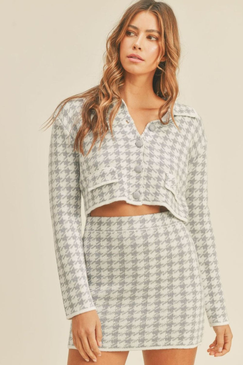 Hazel Blues® |  MABLE Houndstooth Cropped Knit Cardigan and Mini Skirt Set