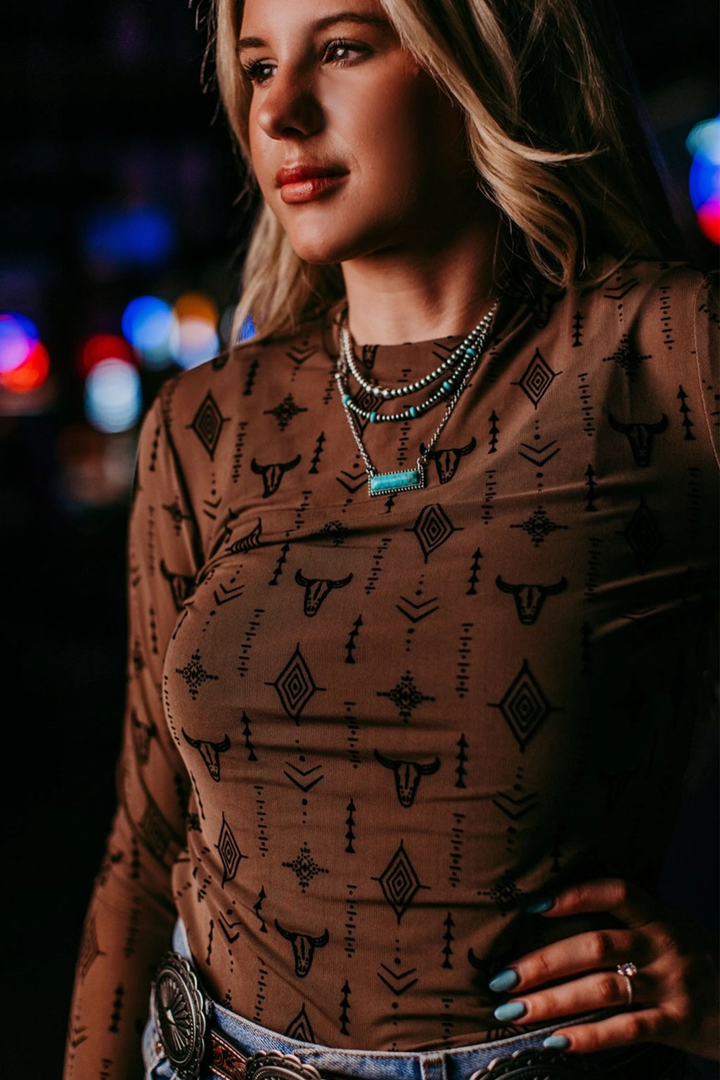 Chestnut Retro Western Print Mesh Long-Sleeve Sheath Top