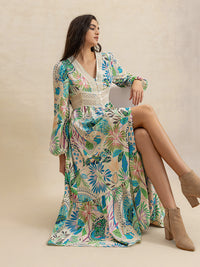 Hazel Blues® |  Slit Printed V-Neck Long Sleeve Midi Dress