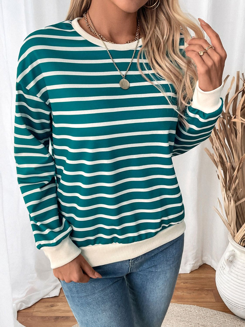 Hazel Blues® |  Perfee Striped Contrast Round Neck Long Sleeve Sweatshirt