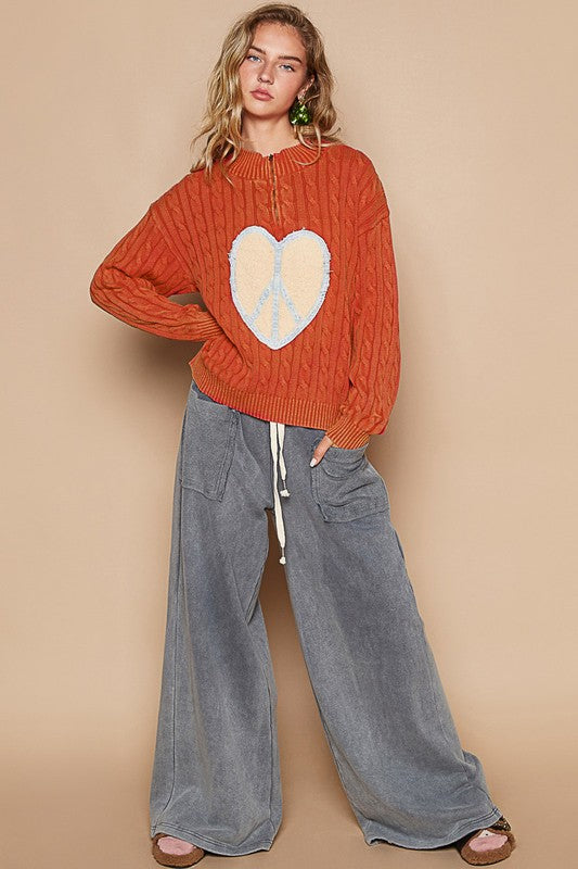 Hazel Blues® |  POL Cable-Knit Peace Patch Dropped Shoulder Sweater