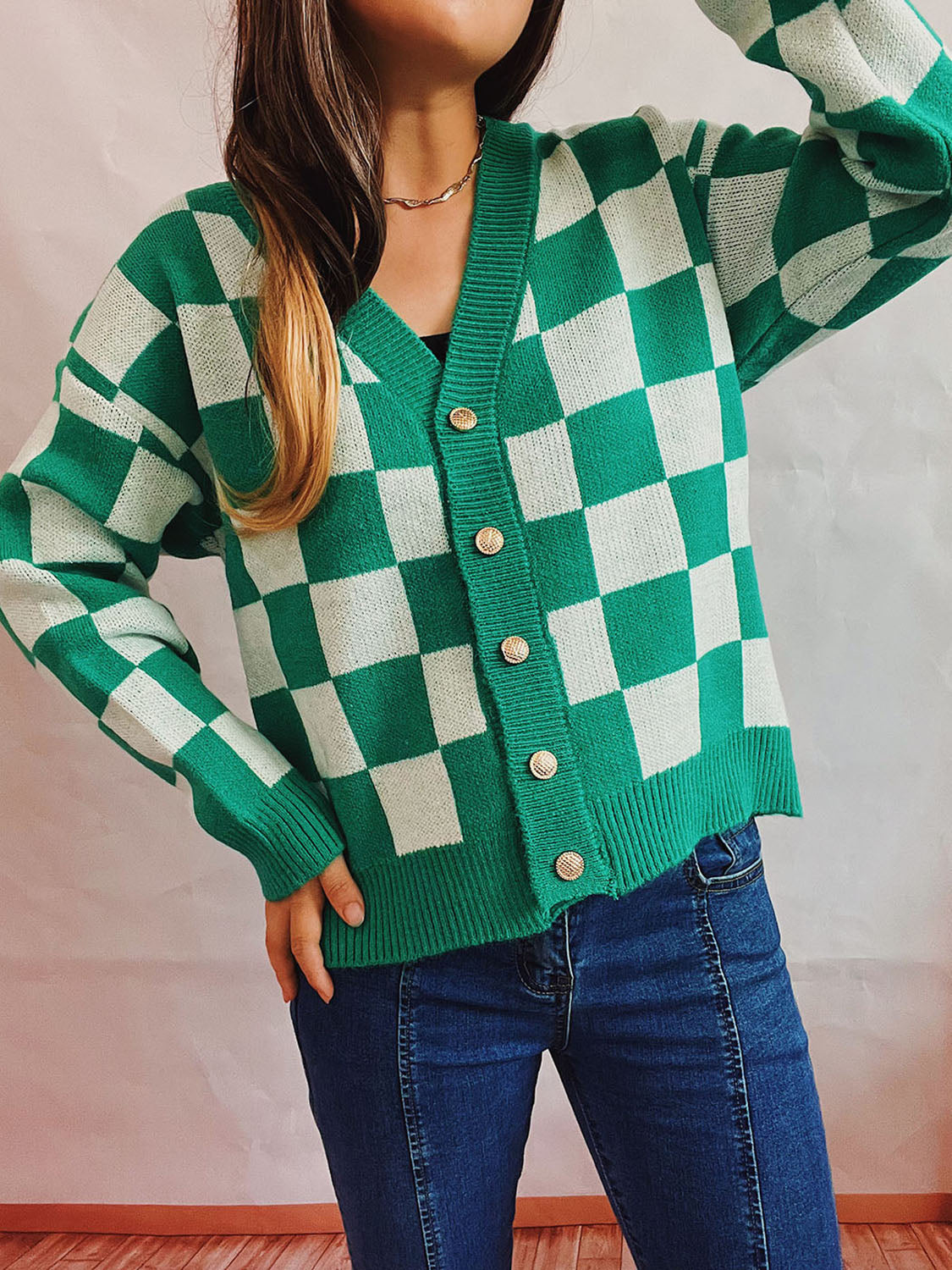 Hazel Blues® |  Checkered Open Front Button Up Cardigan