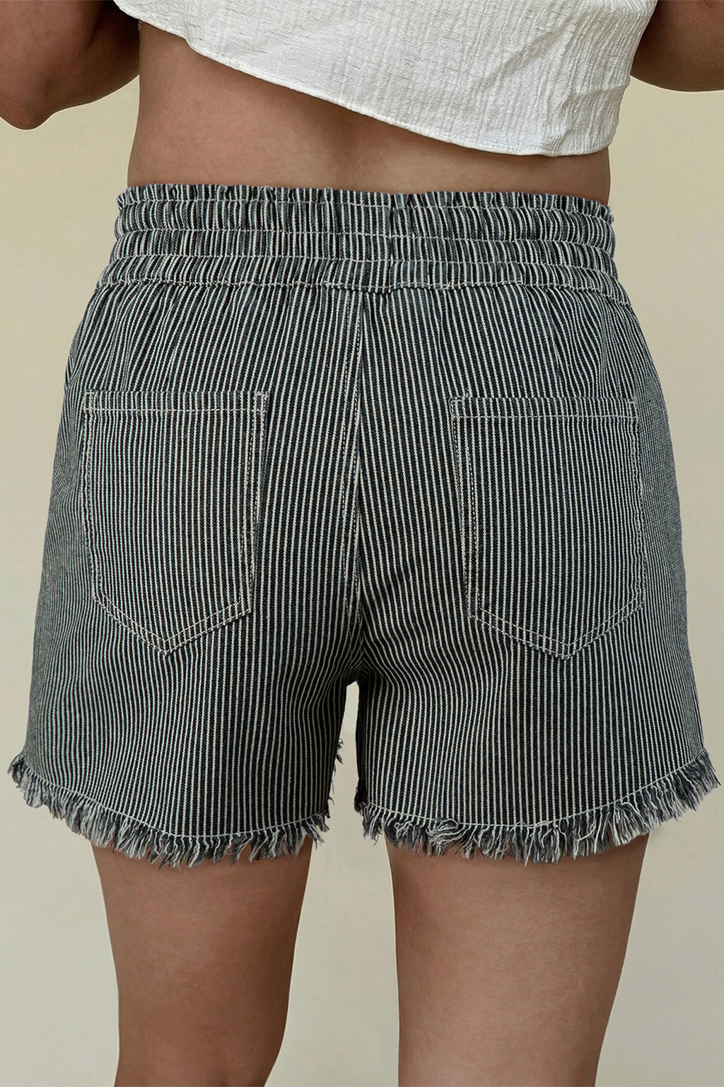 Raw Edge Drawstring Elastic Waist Casual Denim Shorts | Denim Drawstring Raw Edge Shorts