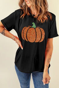 Hazel Blues® |  Glitter Pumpkin Round Neck Short Sleeve T-Shirt