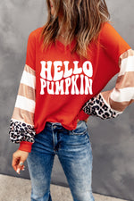Hazel Blues® |  Red Hello Pumpkin Graphic Leopard Striped Colorblock Sleeve V Neck Top