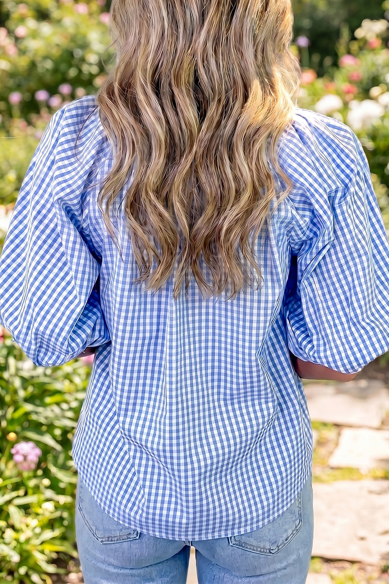 Sky Blue Summer Plaid V Neck Puff Sleeve Blouse – Hazel Blues®