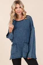 Hazel Blues® |  Mittoshop Mineral Wash Patch Pocket Cut Edge Sweater
