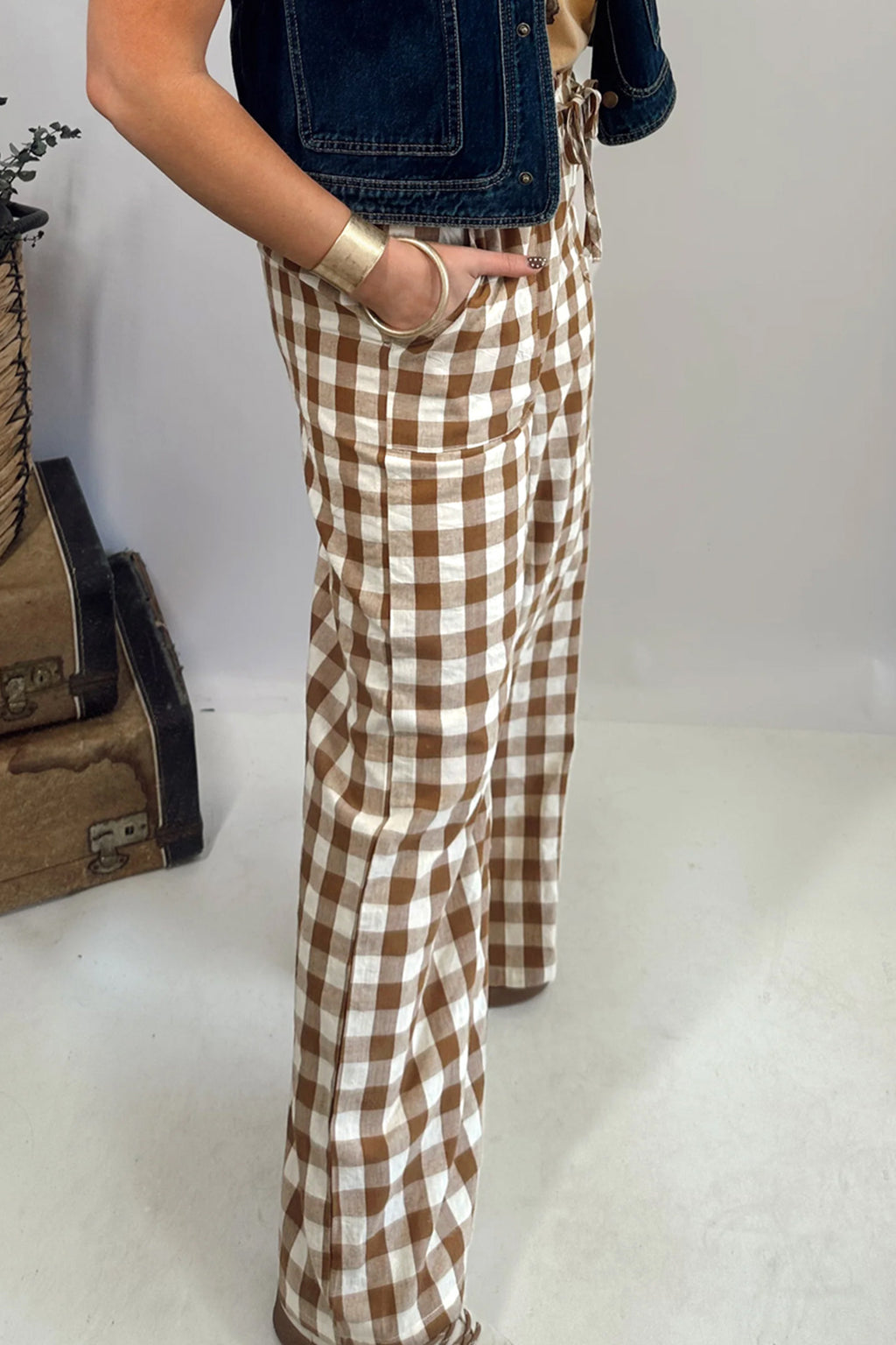 Hazel Blues® |  Brown Gingham Plaid Tie Elastic Waist Shift Pants