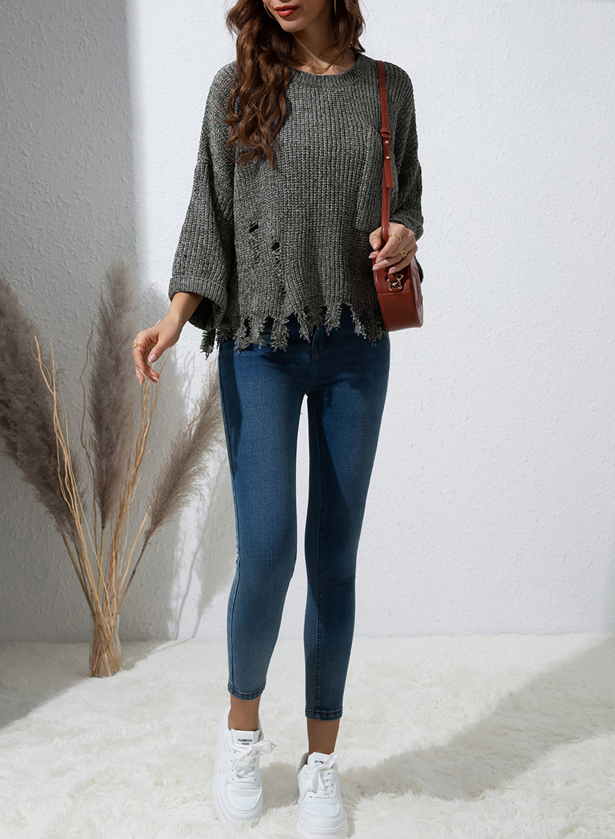 Hazel Blues® |  Distressed Round Neck Drop Shoulder Sweater