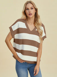 Hazel Blues® |  Double Take Striped V-Neck Short Sleeve Sweater