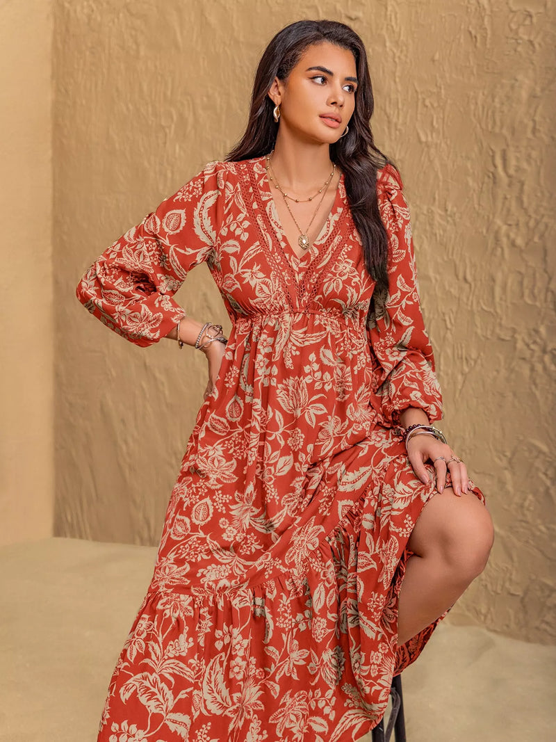 blue dress for baby girl Boho Floral Print Long Sleeve Midi Dress Rust / S