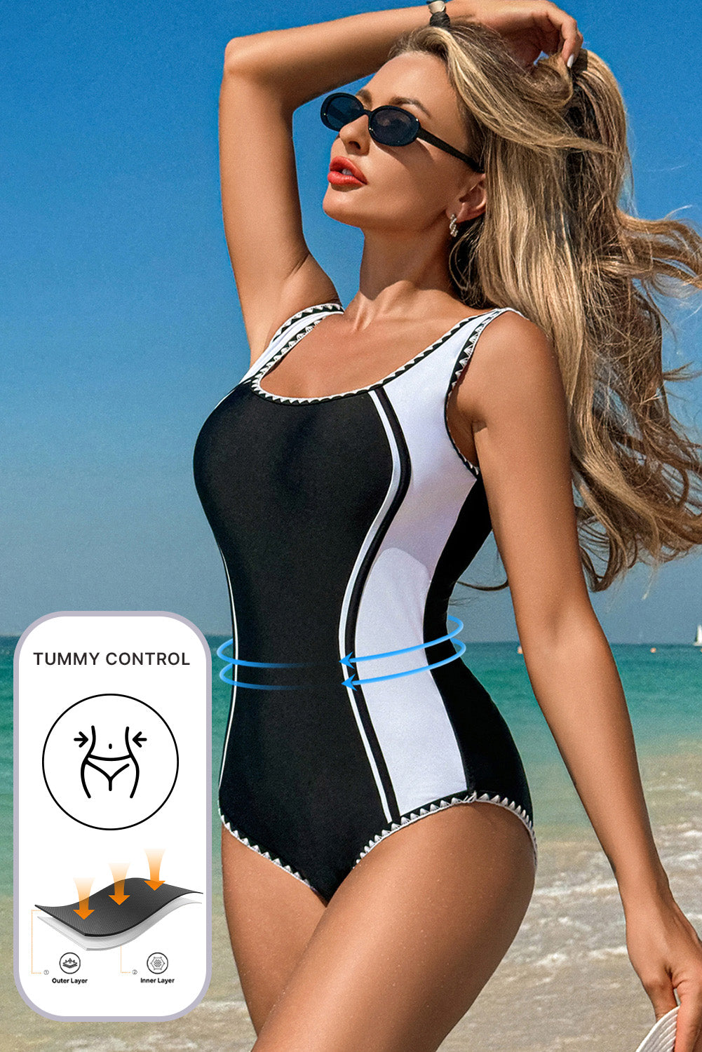 Hazel Blues® |  Black Color Block Ric Rac Trim U Neck One Piece Swimsuit