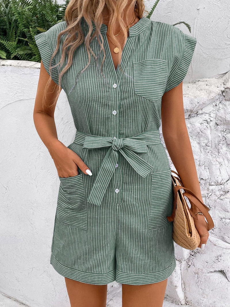 Hazel Blues® |  Striped Notched Tie Waist Romper