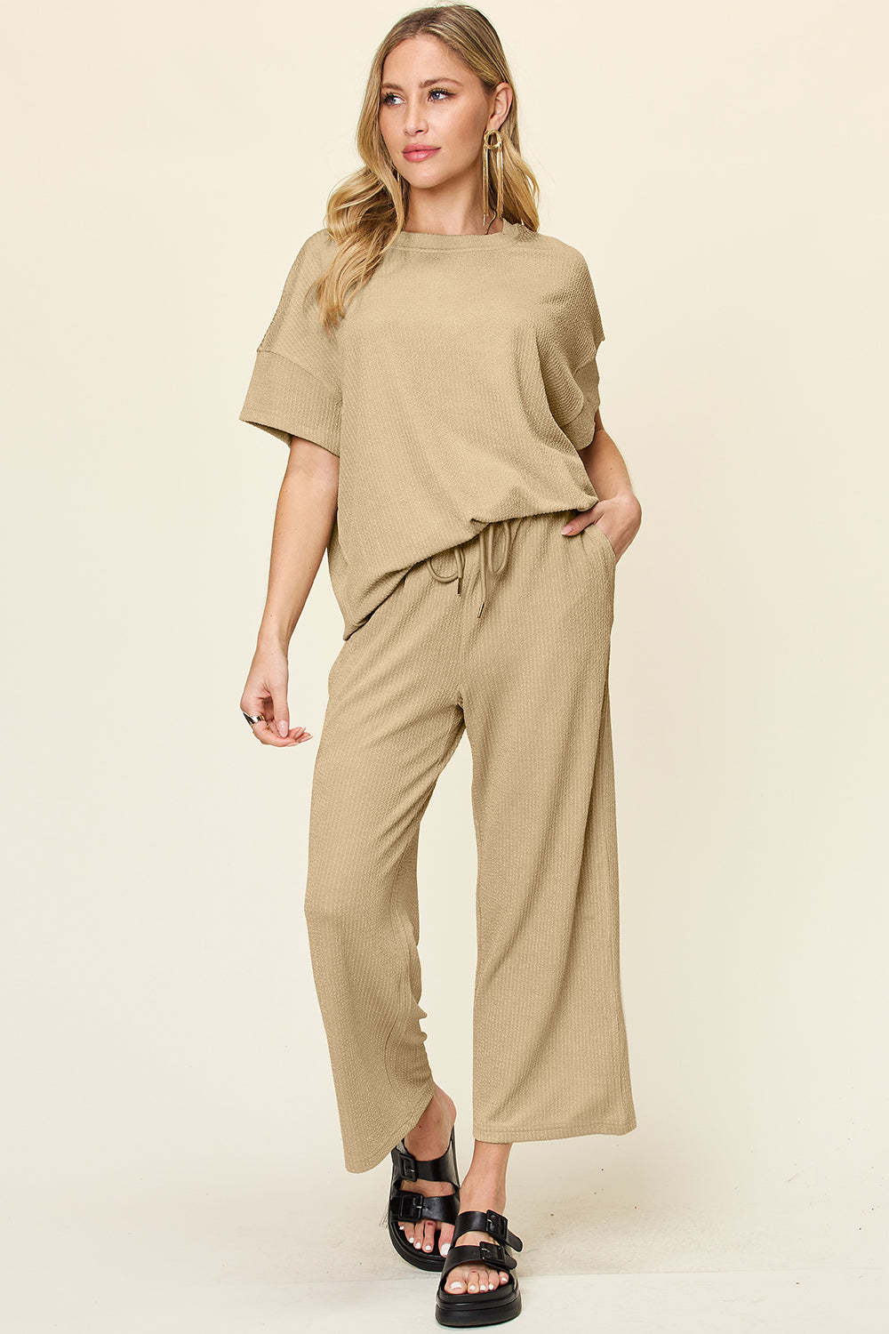 Hazel Blues® |  Double Take Texture Round Neck Short Sleeve T-Shirt and Wide Leg Pants