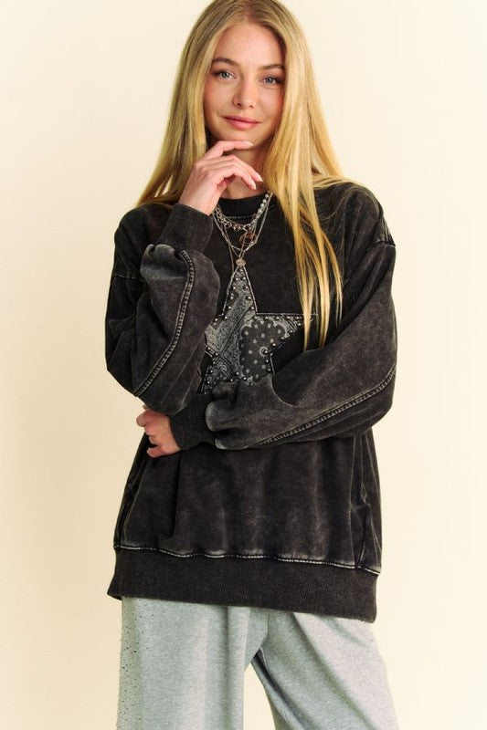 Hazel Blues® |  Davi & Dani Stud Star Patch Acid Washed Sweatshirt