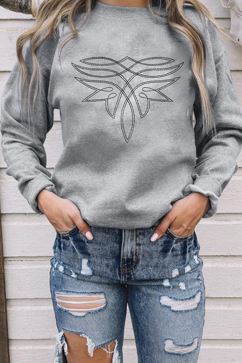 Hazel Blues® |  Gray Western Pattern Embroidered Drop Shoulder Pullover Top