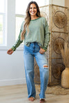 Hazel Blues® |  Green Stripe Thermal Knit Drop Shoulder Casual Top
