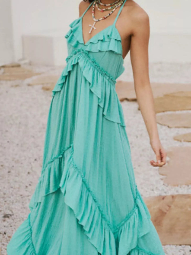 Ruffled Halter Neck Maxi Dress (9 colors) Caramel / S Ruffled Halter Neck Maxi Dress (9 colors) Caramel / S