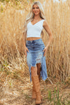 Hazel Blues® |  Myosotis Irregular Distressed Bottom Denim Midi Skirt