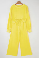 Hazel Blues® |  Yellow Cream Drop Shoulder Puff Sleeve Crop Pullover Drawstring Wide Leg Pants Set