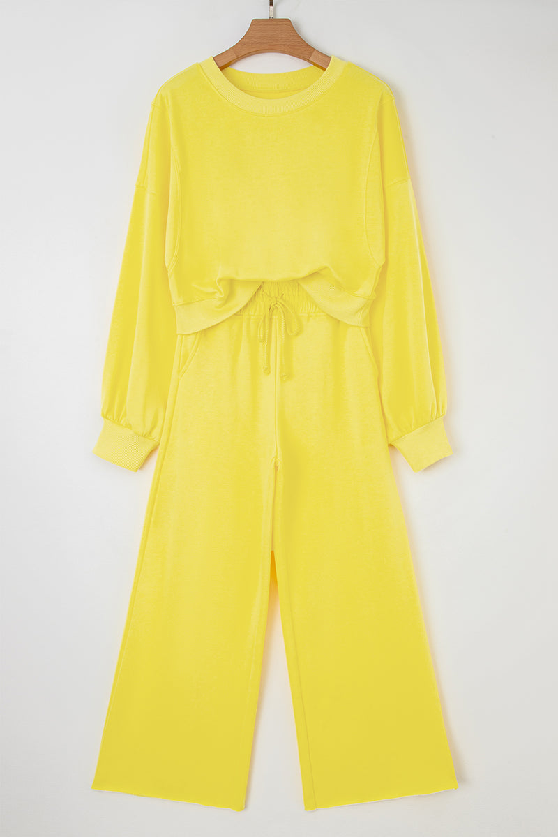 Hazel Blues® |  Yellow Cream Drop Shoulder Puff Sleeve Crop Pullover Drawstring Wide Leg Pants Set