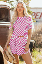 Hazel Blues® |  Brown Checkerboard T Shirt and High Waist Skorts 2 Piece Outfit