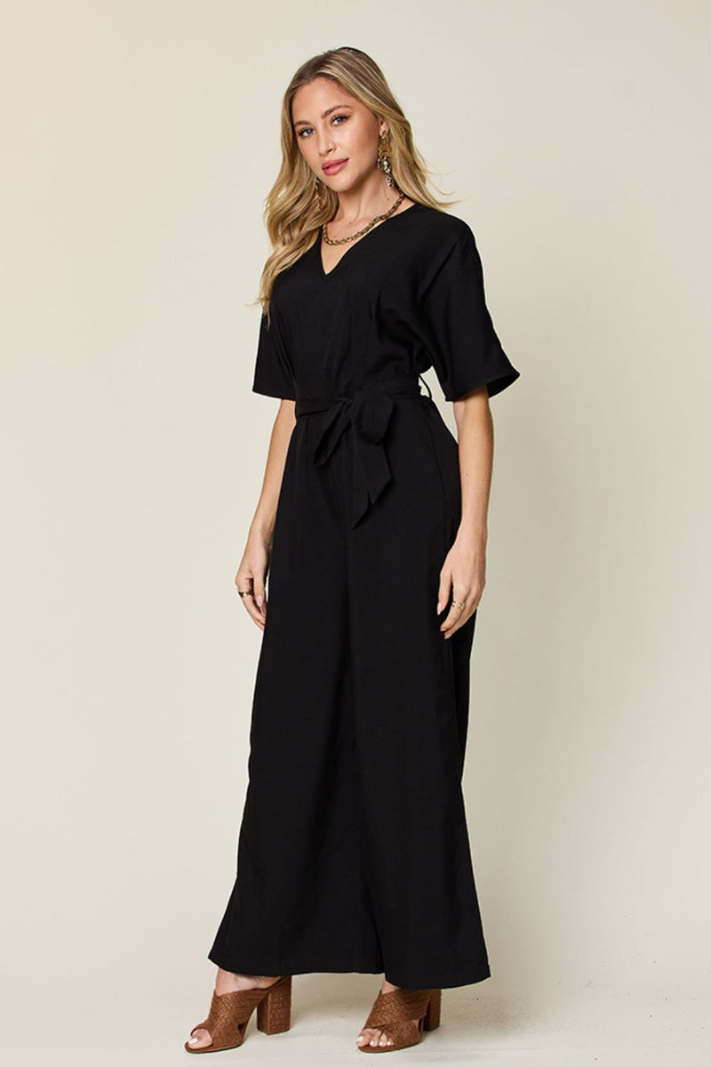 Hazel Blues® | Double Take V-Neck Tie Front Short Sleeve Slit Jumpsuit
