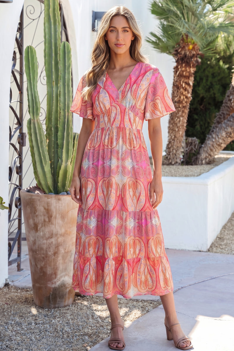 Paisley Print V-Neck Short Sleeve Boho Maxi Dress with Ruffle Details Multicolour / L / 82%Viscose+18%Polyamide