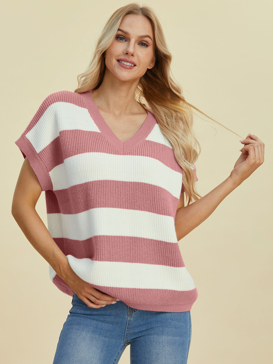 Hazel Blues® |  Double Take Striped V-Neck Short Sleeve Sweater