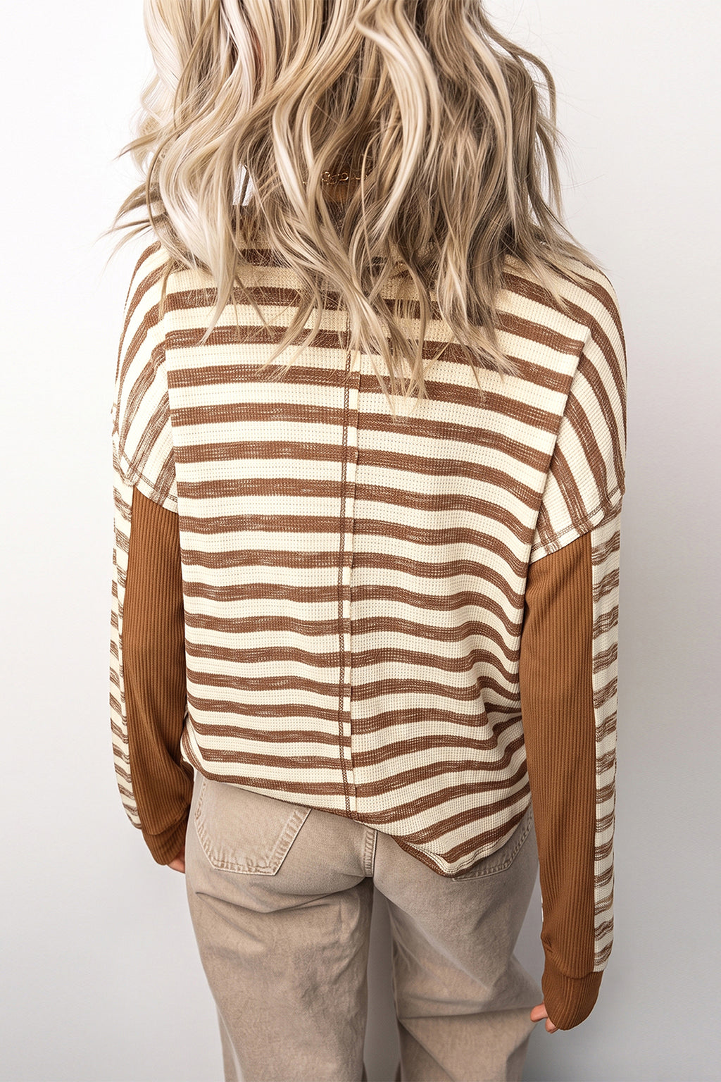 Brown Stripe Textured Knit Color Block Trim Long Sleeve Round Neck Top