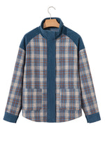 Hazel Blues® |  Gray Plaid Corduroy Patchwork Collared Zip Up Snap Button Jacket
