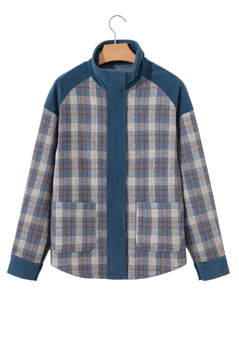 Hazel Blues® |  Gray Plaid Corduroy Patchwork Collared Zip Up Snap Button Jacket